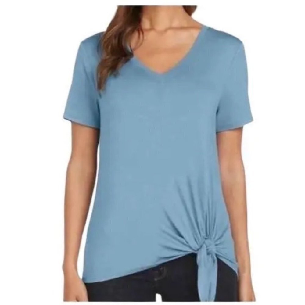Maddy M short sleeve, side, tie, stretchy blue large top